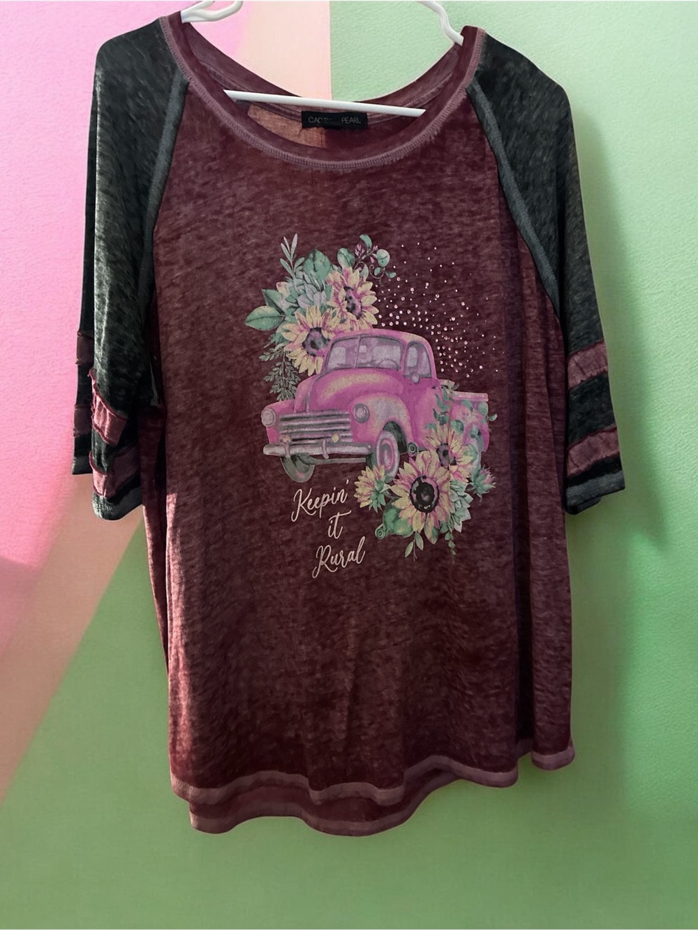 Cactus Maroon and Black Short-Sleeve Tee with Pink Floral Truck Graphic